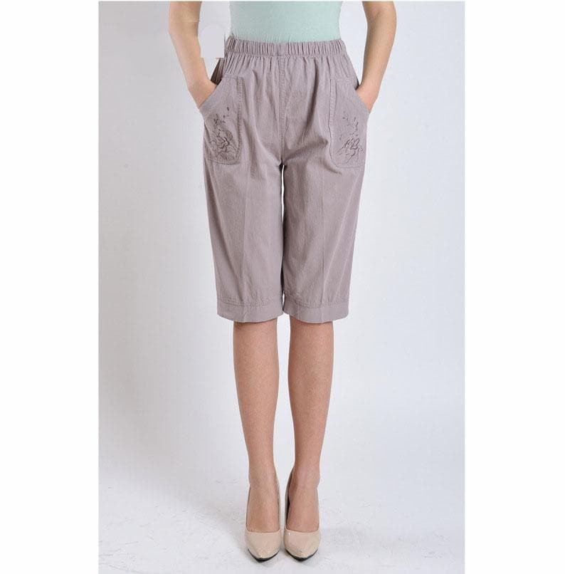 Middle-aged and Elderly Summer Elastic Waist Ladies High Waist Straight Pants Large Size Washed Cotton Cropped Pants XL dark gray