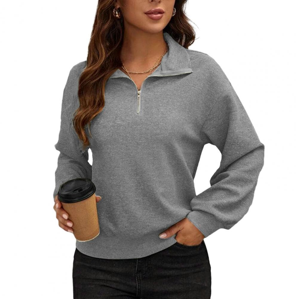 Women Autumn Winter Solid Color Blouse Lapel Zipper Half Placket Long Sleeve Loose Fit Casual Pullover Sweatshirt Streetwear S light grey