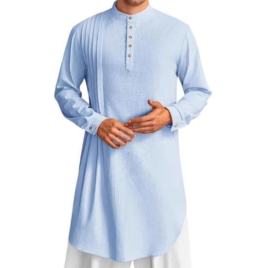Men's Cotton Linen Kaftan Long Sleeve O-Neck Robe Solid Color Button-up Collar Thobe Breathable Arabic Clothing for Prayers Casual Wear XXL sky blue