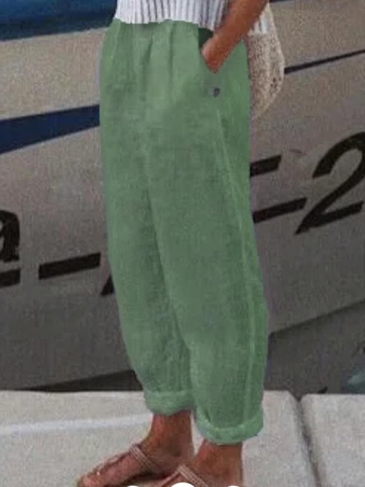 Cotton and Linen Straight Leg Pocket Casual Pants Women L green