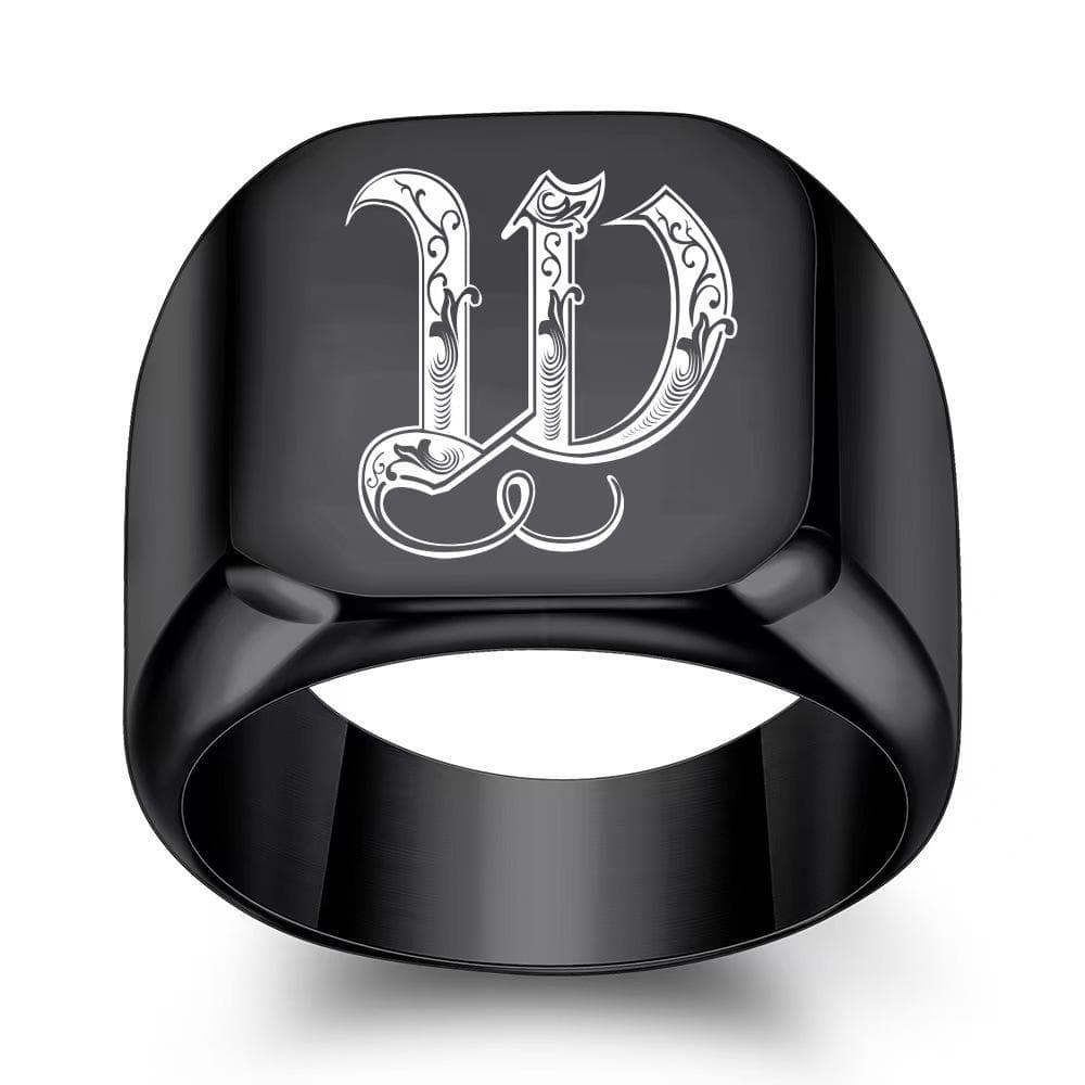 Retro Initials Signet Ring for Men Bulky Heavy Stamp Male Band Stainless Steel Letters Jewelry 8