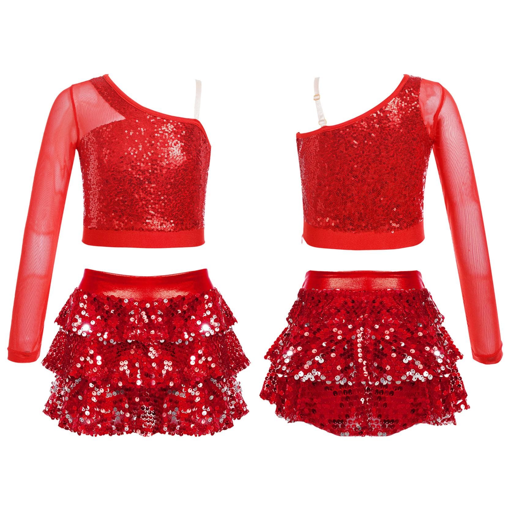 Kids Girls Dance Stage Performance Costume Sparkly Sequins Long Sleeve One Shoulder Top with Tiered Ruffle Skirted Shorts 9-10 Years red