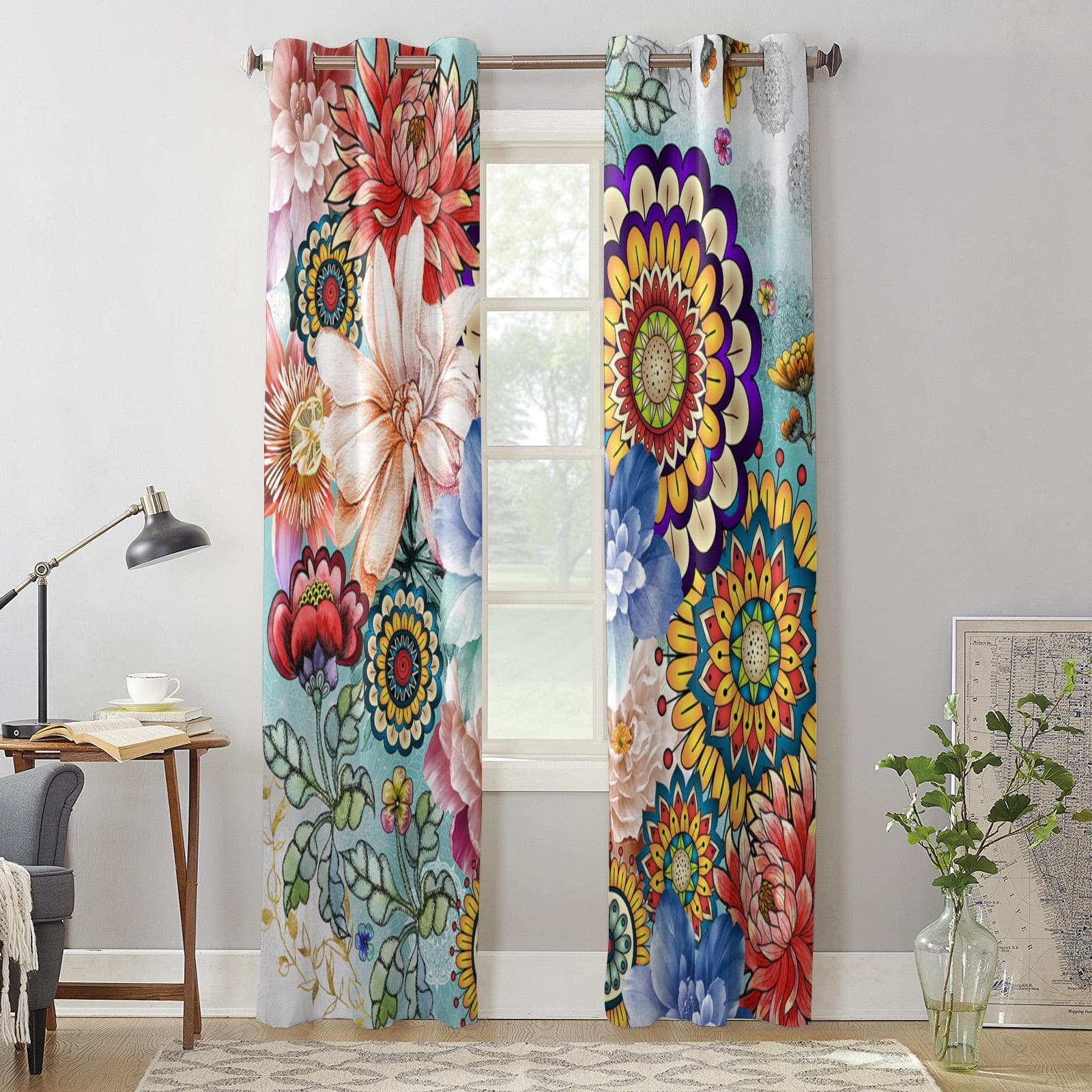 Bedroom Kitchen Curtain Bohemian Mandala Flower Window Curtains Curtains for Living Room Decorative Items 135W x 60H(cm) x1