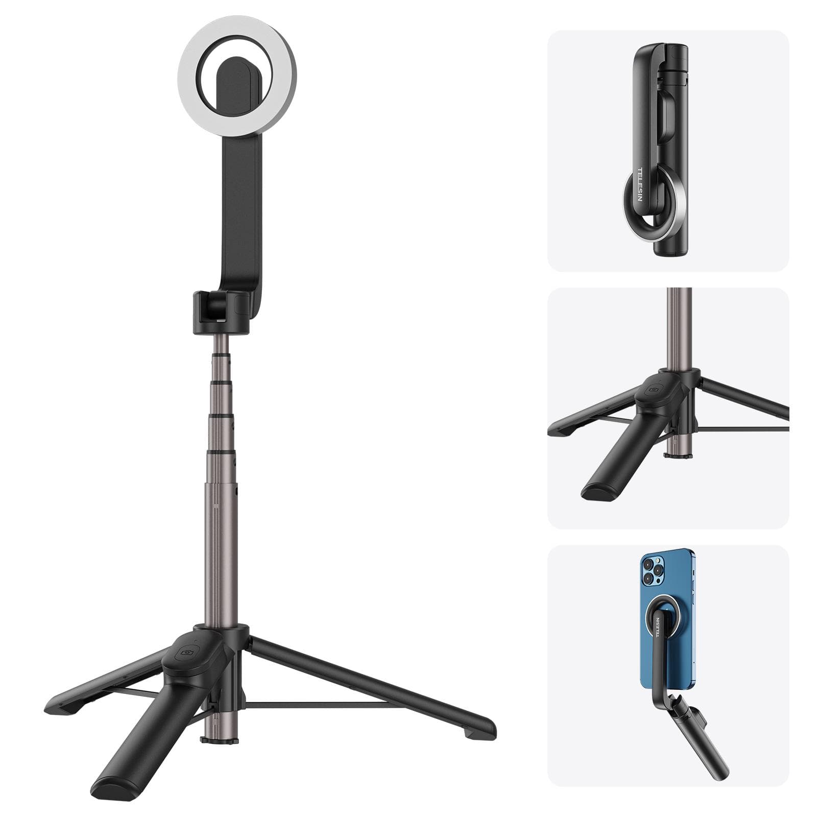 TELESIN WS-22005 27.1-inch Mini Magnetic Selfie Stick Desktop Tripod with Telescoping Rod 5 black