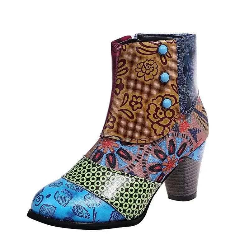 Fashion Vintage Splicing Printed Ankle Boots for Women Shoes Female PU Leather Retro Block High Heels Bohemian Ladies Winter Short Boots 38