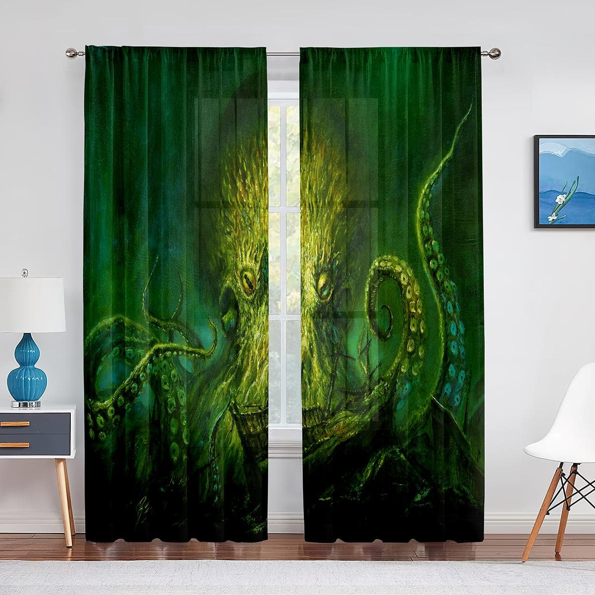 Ocean Kraken Blue Octopus Tentacles Marine Life Tulle Curtains for Living Room Bedroom Sheer Voile Window Curtains Party Drapes 1 PCS W600XH250cm&Grommet Top
