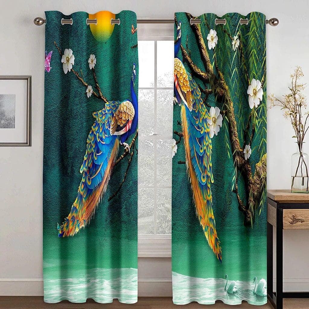3D Digital Printing Custom Vintage Peacock With Flower Morden Luxury Bedroom Thick Window Curtains For Living Room 2 Panels W50xH130(CM)x2PCS-Grommet Top