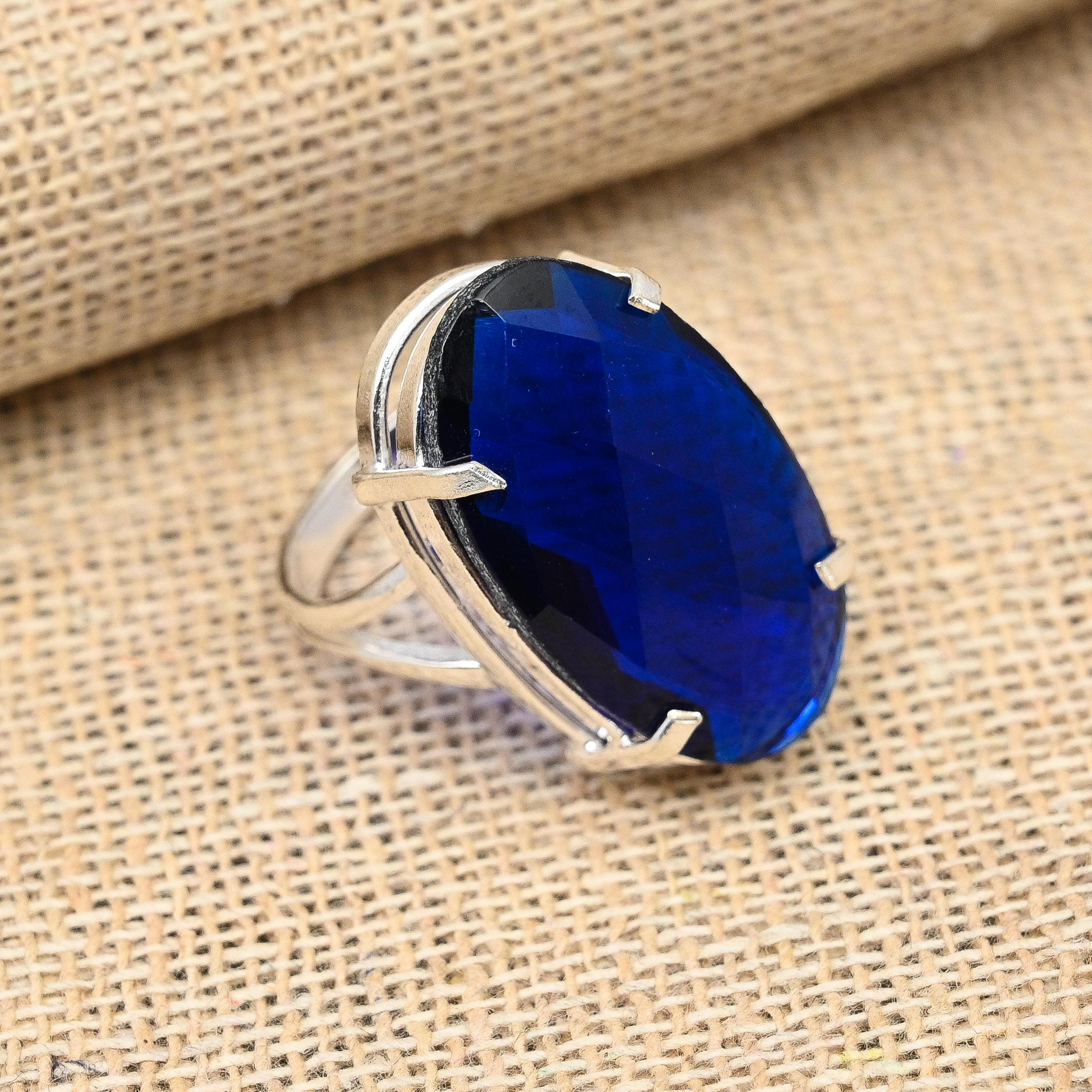 Blue Sapphire Lab-Created Gemstone Handmade Jewelry 925 Sterling Silver Lavish Ring For Women 12 blue