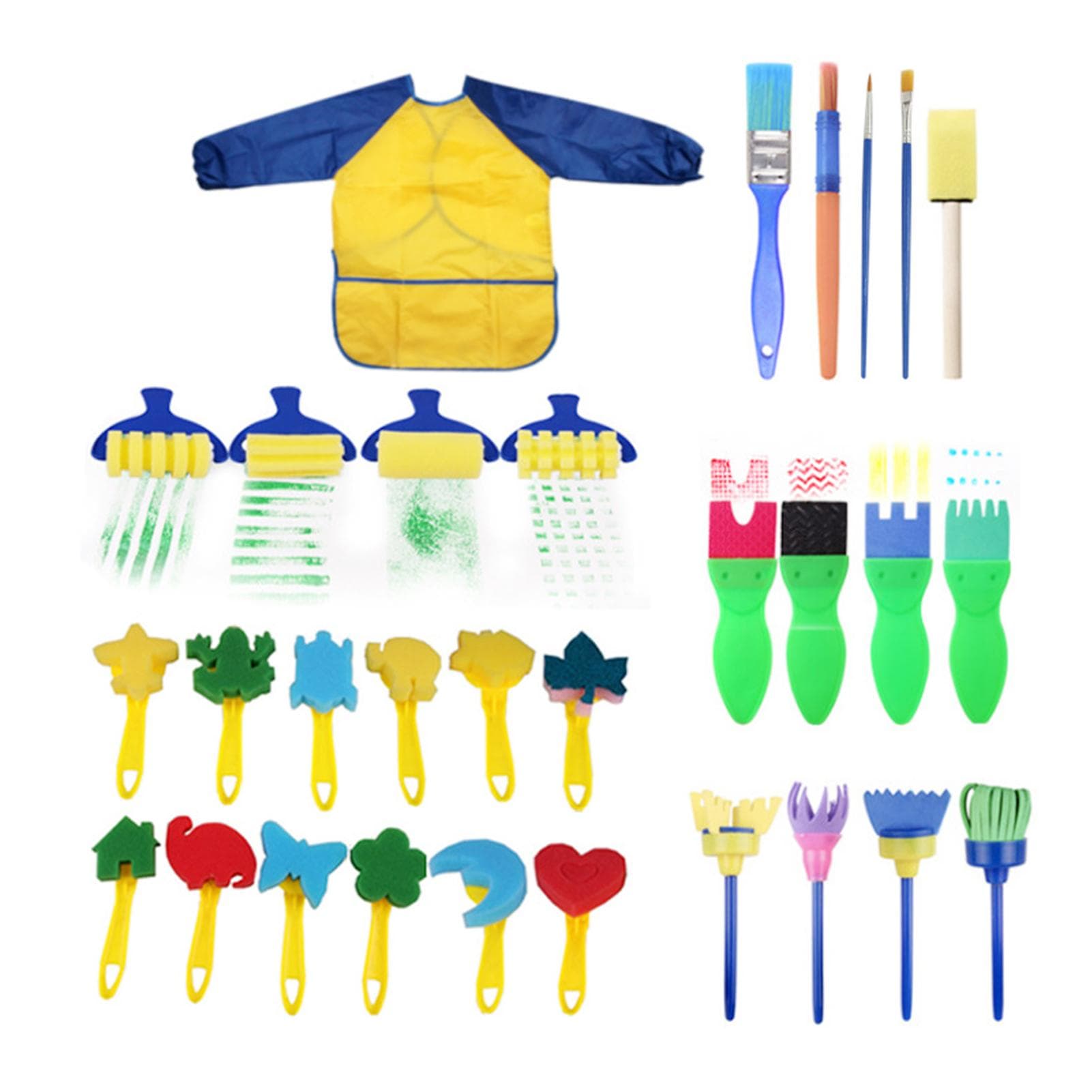 Children Paintbrushes Washable Paint Brushes Sponge Painting Brush Set with Apron for Toddler 30pcs multicolour