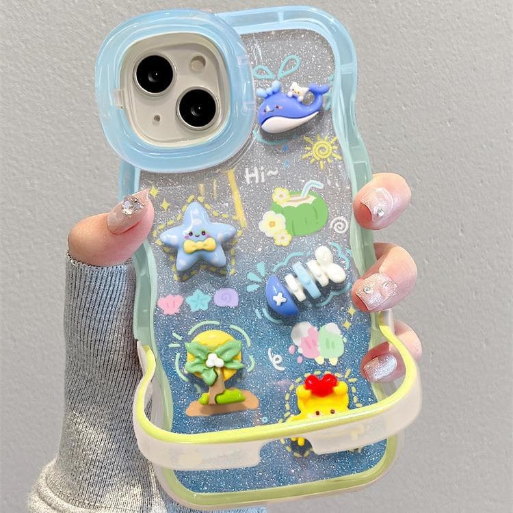 Applicable To Apple 15 Mobile Phone Case IPhone 13 Beach Three-dimensional Doll 14 Wave Edge Invisible Double Bracket 12 Niche iPhone XS Max