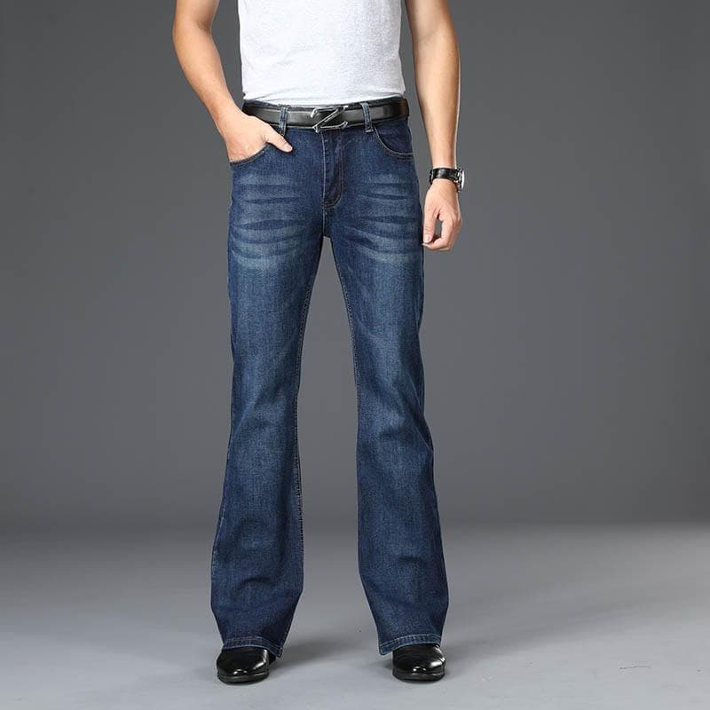 Mens Flared Jeans Boot Cut Leg Flared Male Designer Classic Denim Jeans High Waist Stretch Loose Flared Denim Dark Blue Jeans 38 dark blue