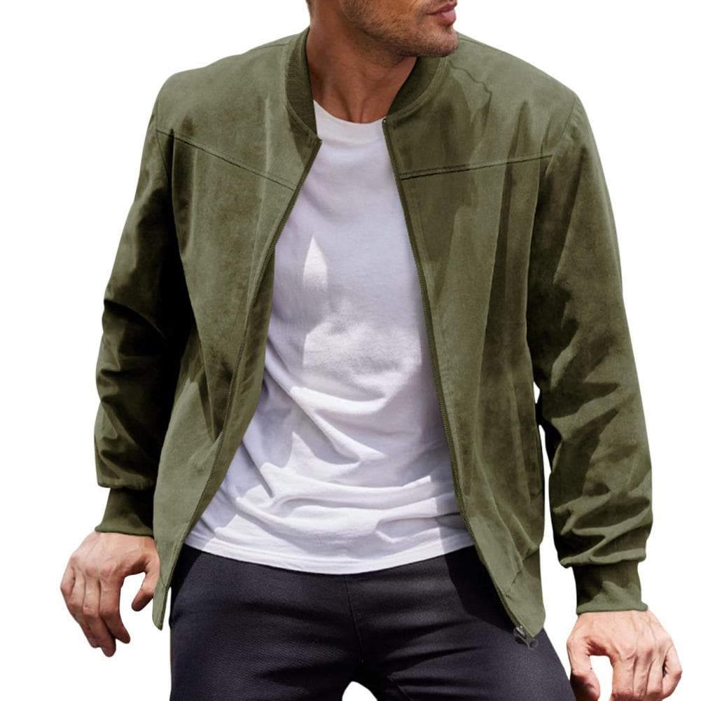Men Suede Jacket Stand Collar Long Sleeve Zipper Placket Coat with Side Pockets Solid Color Loose Fit Ribbed Cuffs Hem Outwear M army green