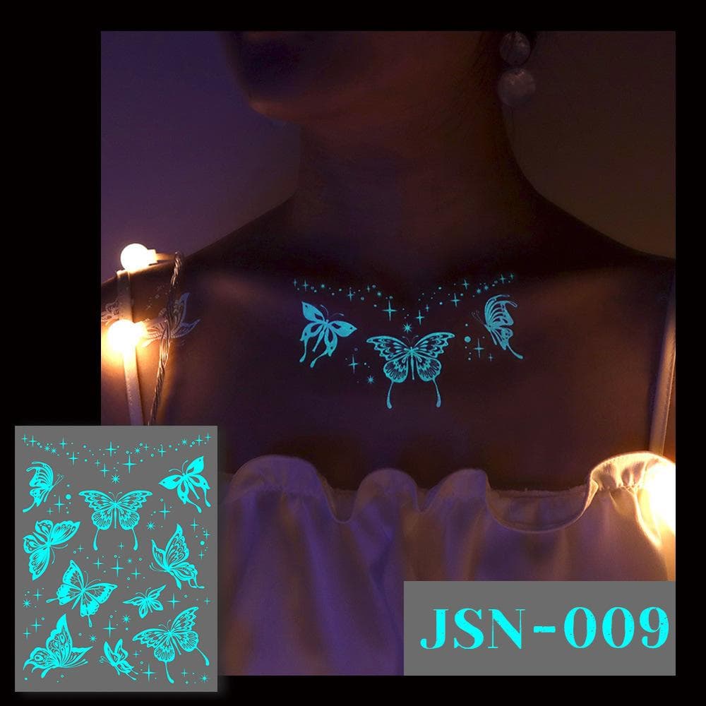 1 Sheets Luminous Glow In The Dark Body Art Temporary Tattoo Stickers, Moon Butterfly Botanical Pattern, Waterproof Fake Tattoo Sticker JSN-009
