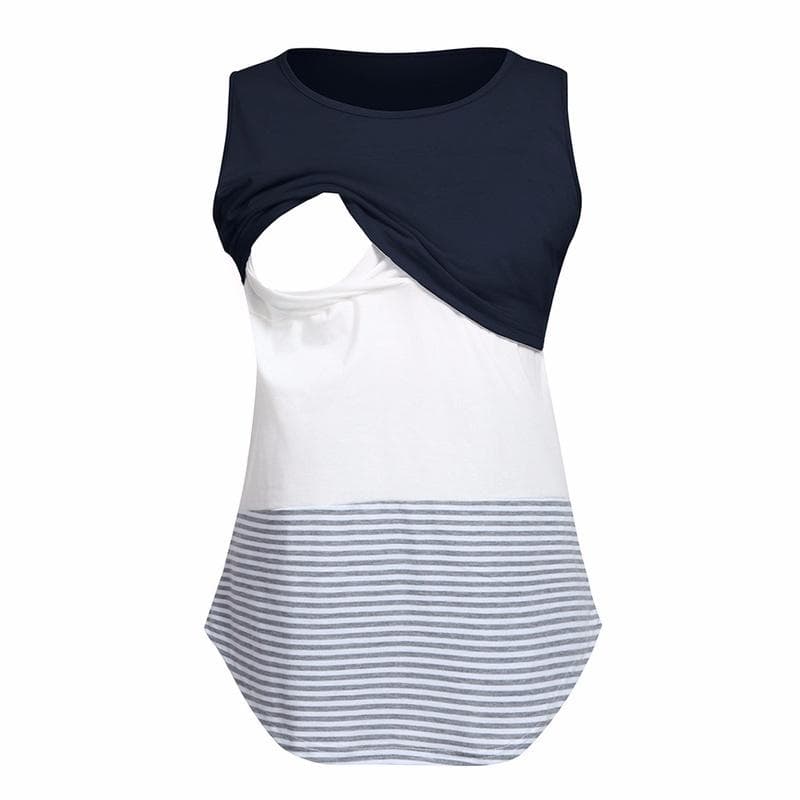 Women Convenient Lactation Pregnant Nursing Round Neck Sleeveless Stripe Gravida Clothing Maternity Shirt L Dark blue