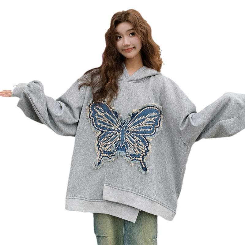 Grey Butterfly Embroidered Hooded Sweater Women's Spring and Autumn Loose Pullover XL