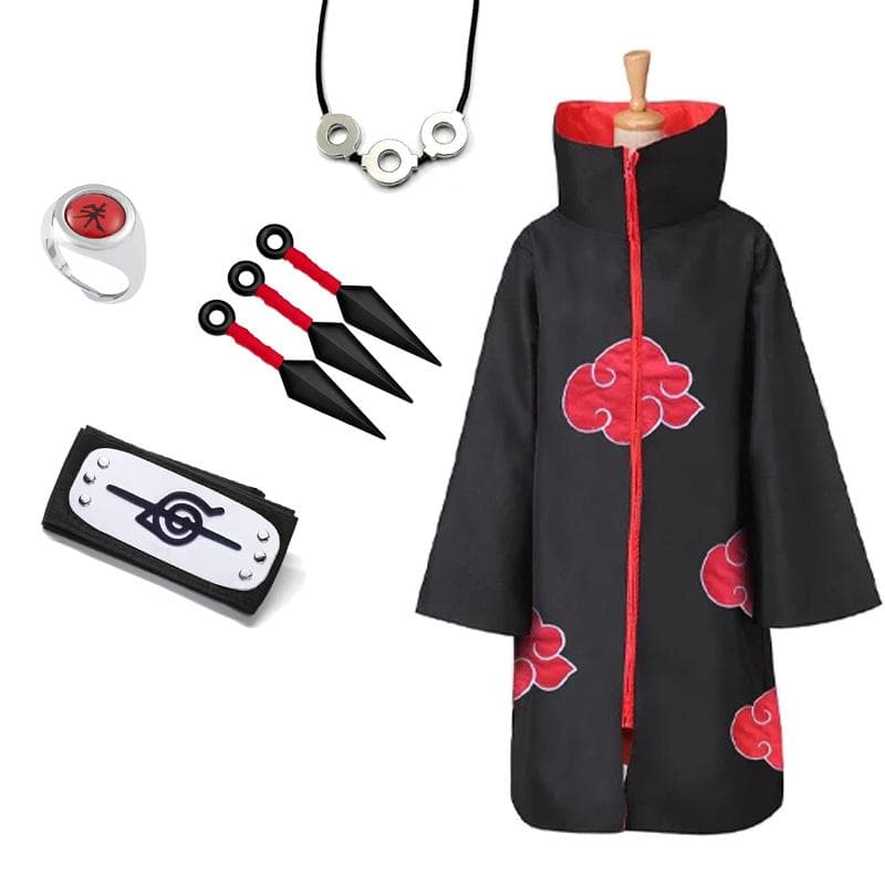 Uchiha Itachi Akatsuki Cloak with A Red Cloud Anime Costume A Dressing on The Head Necklace Halloween Cloak Adult Child L