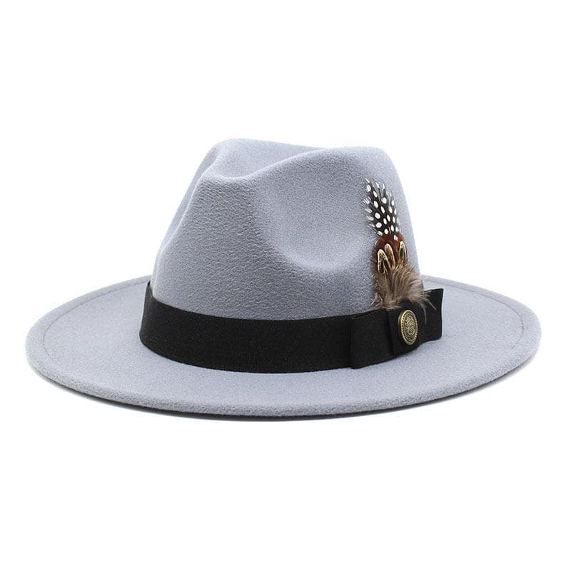 White Woolen Gentleman Classic British Jazz Feather Top Hat Wide Brim Party Church Wedding Fedora Hats Men Women Panama Felt Cap L 59-60cm light grey