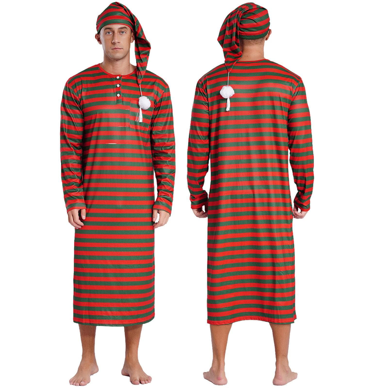 Mens Striped Loose Sleep Robe Set with Pom-Pom Hat Christmas Nightwear Long Sleeve Sissy Pajamas M green/red