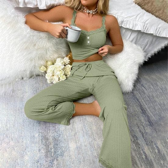 2 Pcs/Set Pants Top Suit Low-cut V Neck Sleeveless Solid Color Shirring Drawstring High Elastic Waist Lace Women Summer Pajamas Set Homewear S green