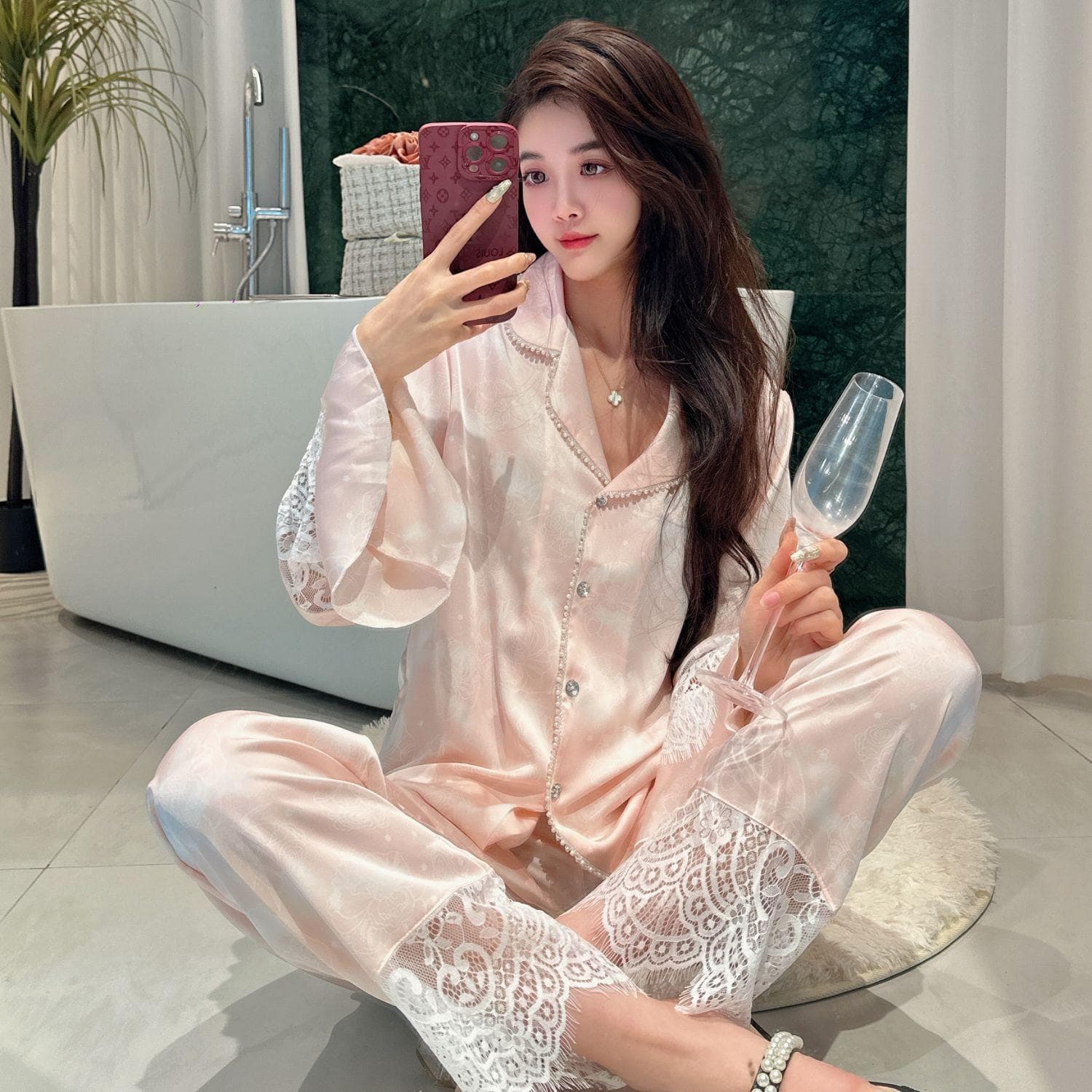 Ice Silk Pajamas for Women Spring and Summer Beaded High-end Lace Home Wear Thin Style M pink