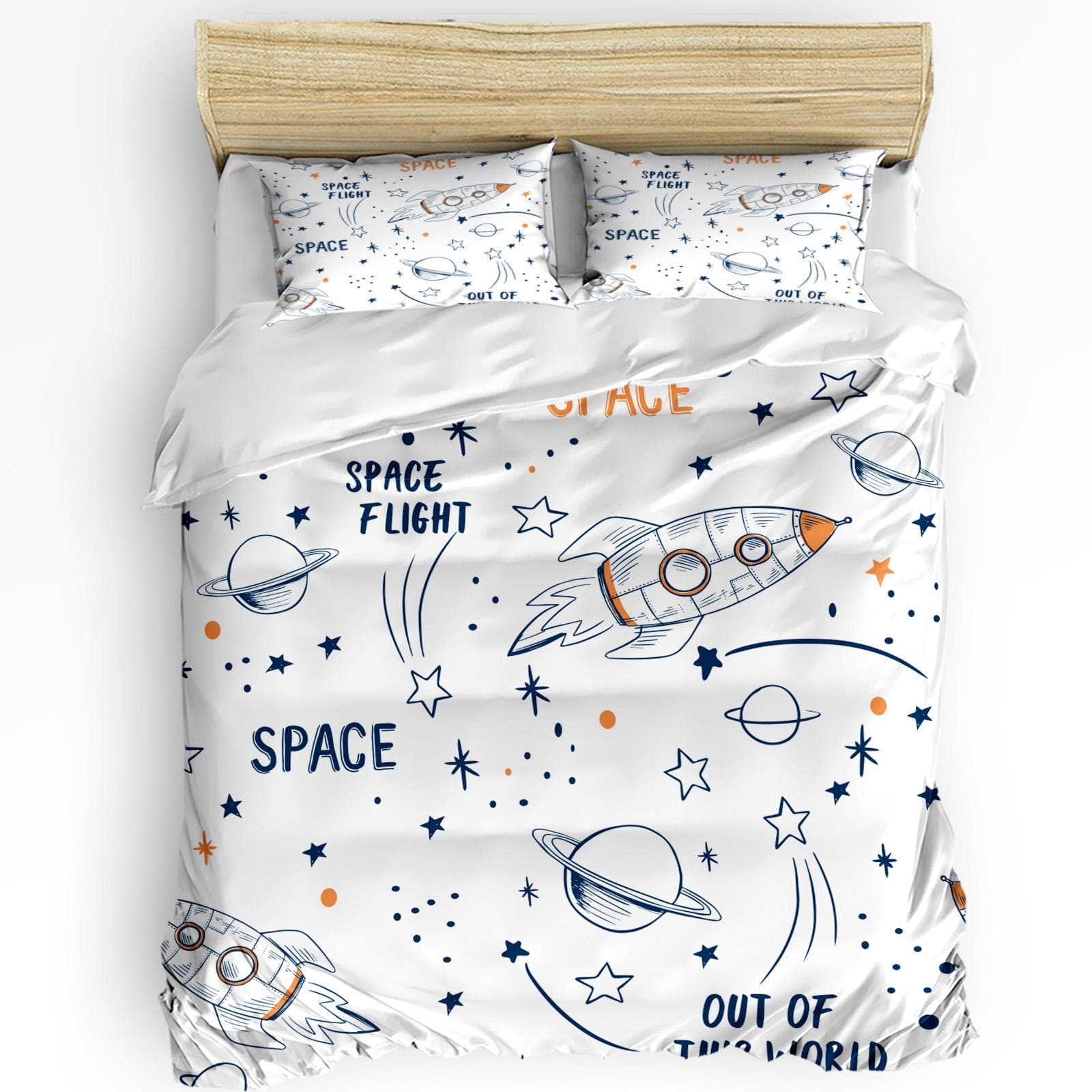 3pcs Bedding Set Rocket Flying Cartoon Universe Space White Duvet Cover Pillow Case Boy Kid Teen Girl Bedding Covers Set 140x200cm 3pcs