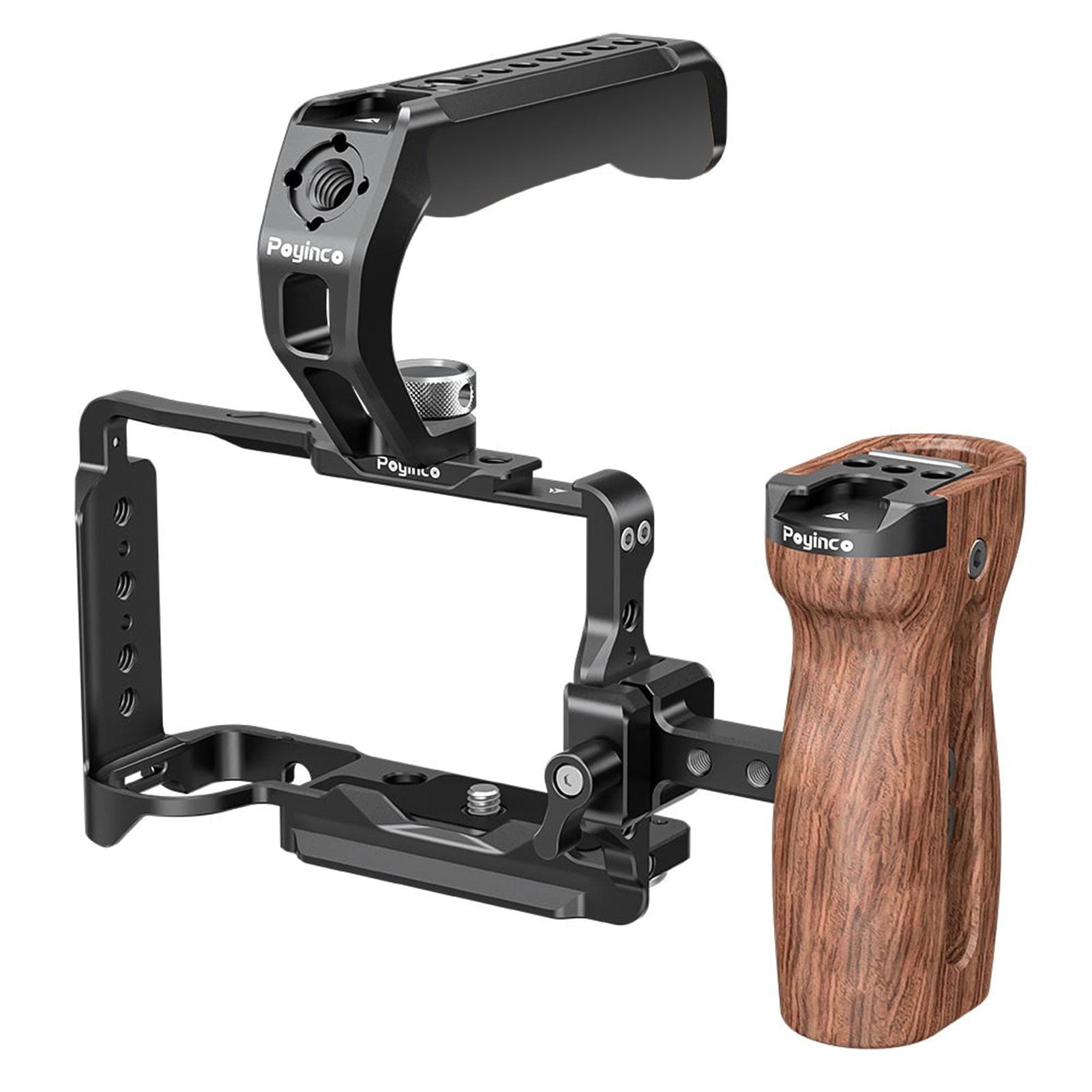 Poyinco JN-138 Camera Video Cage + Top Handle + Side Wooden Hand Grip Kit Camera Cage Aluminum black