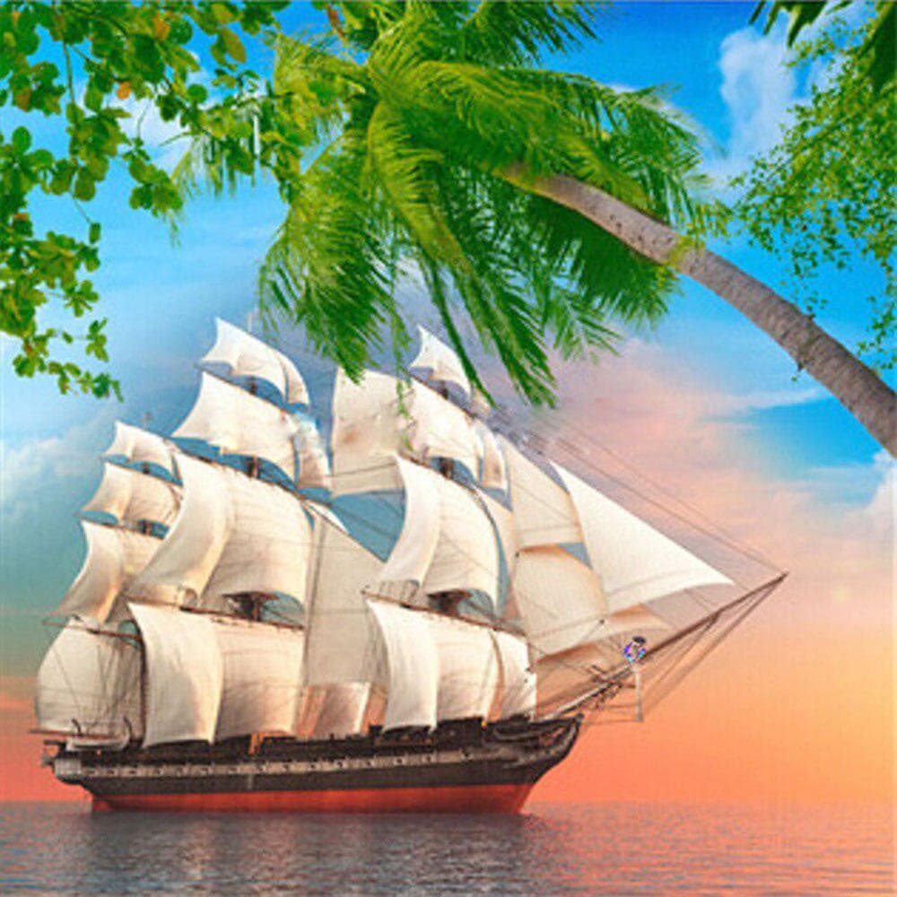 Cross Stitch DIY Diamond Embroidery Yacht and Coconut Tree Full Round Diamond Painting Home Decor 30x30CM