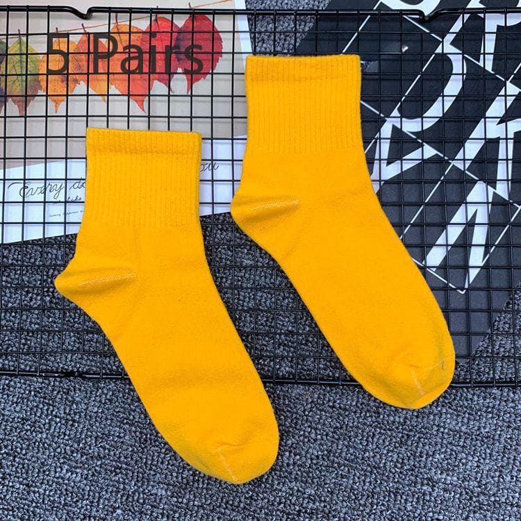 5 Pairs of Tide Solid Colour College Style Sports Mid-calf Cotton Socks Men and Women Couples Short Socks 5 pairs yellow