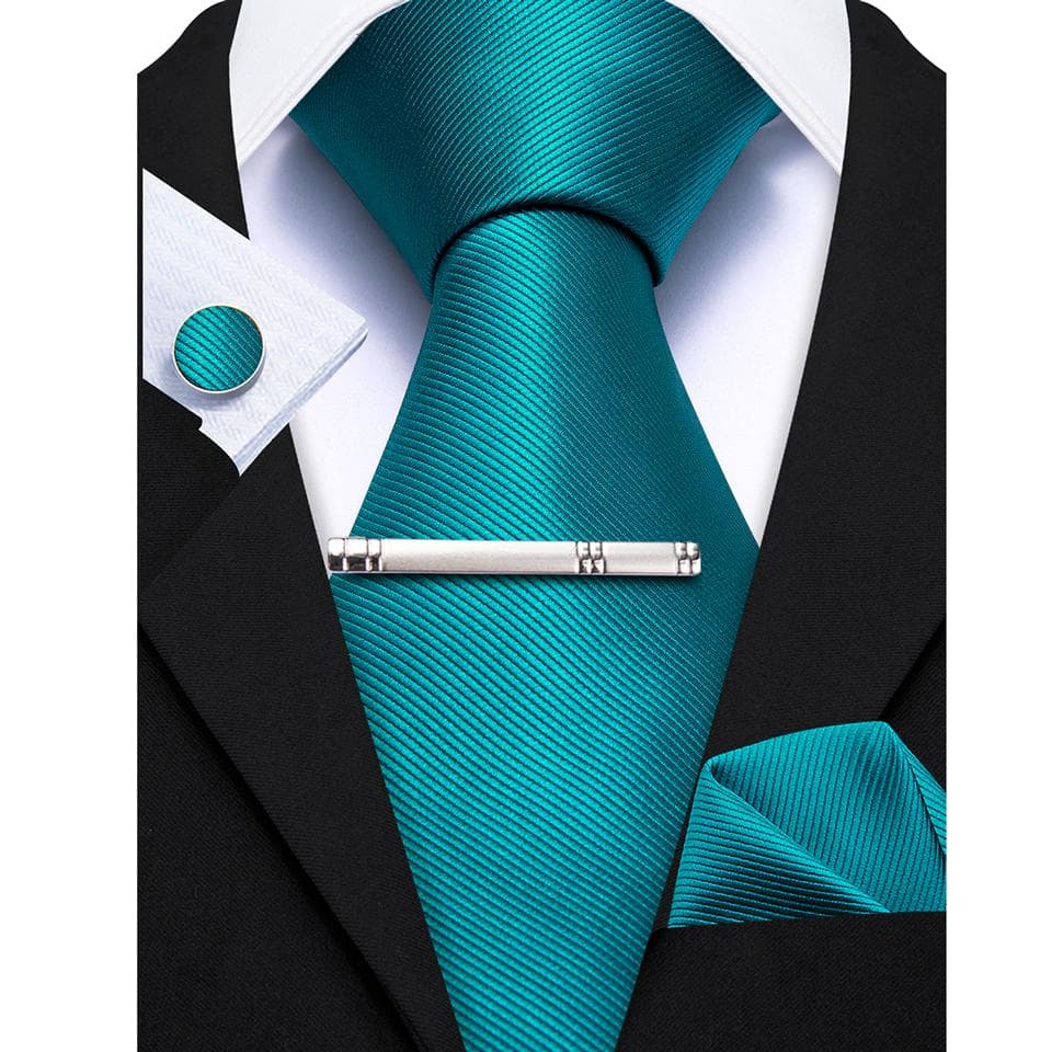 Barry.Wang Mens Green Blue Ties with Silver Tie Clip Wedding Silk Necktie Hanky Cufflinks Business Set N-0780