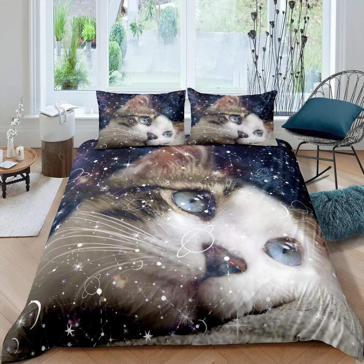 Galaxy Cat Duvet Cover Set Microfiber Universe Galaxy Bedding Set Cute Kitten Comforter Cover Outer Space Planets Quilt Cover 70x133cm 2pcs