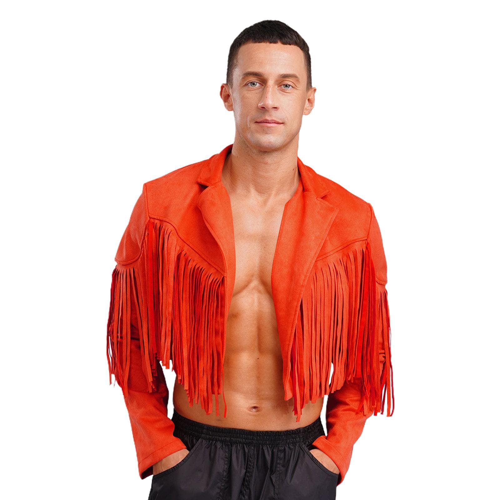 Mens Faux Suede 80s Hippie Cropped Jacket with Fringe Detailing Open Front Cardigan Cowboy Style L red