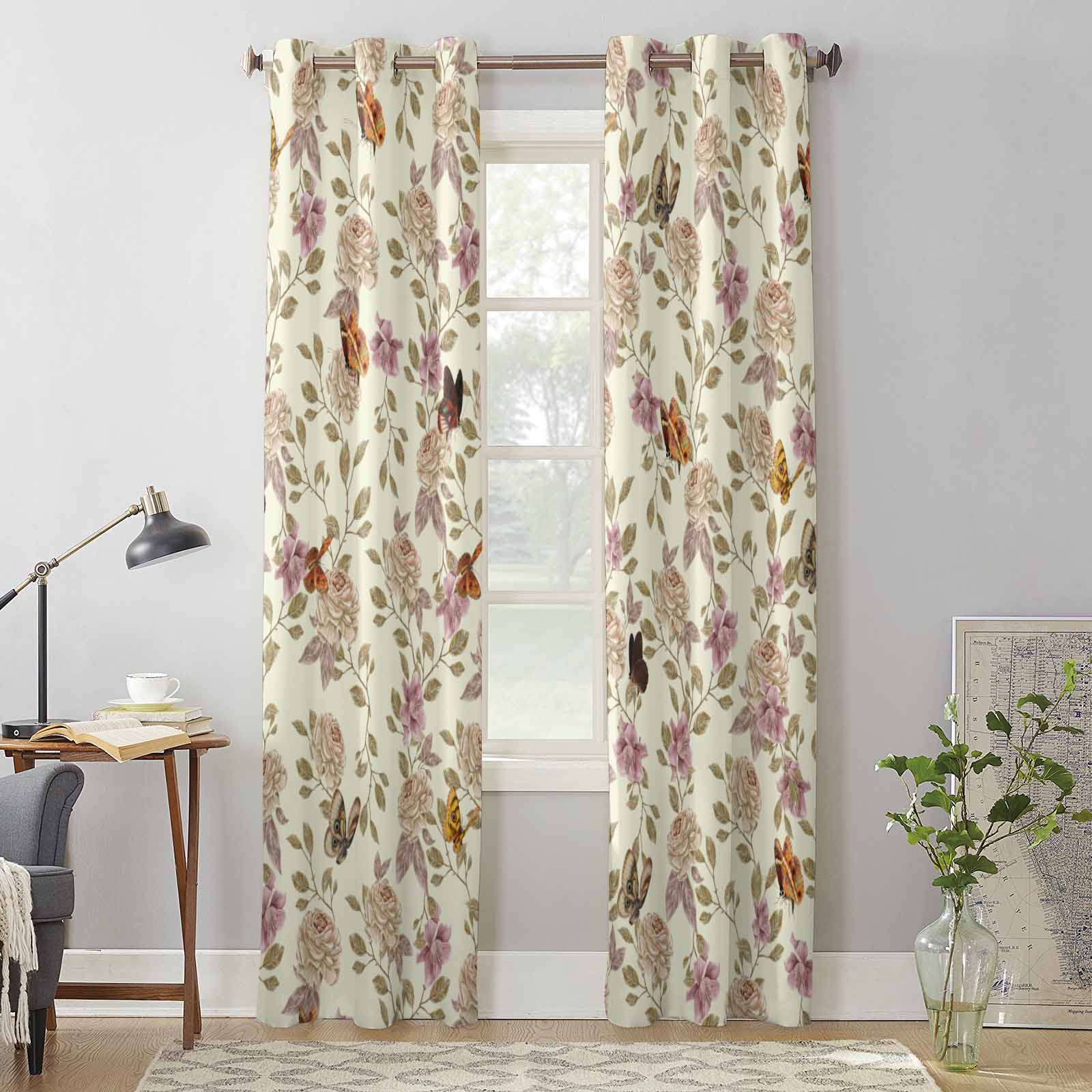 Flowers Leaves Butterfly Retro Window Curtains for Living Room Luxury Bedroom Curtain Kitchen Blinds Drapes Curtains 135W x 245H(cm) x1
