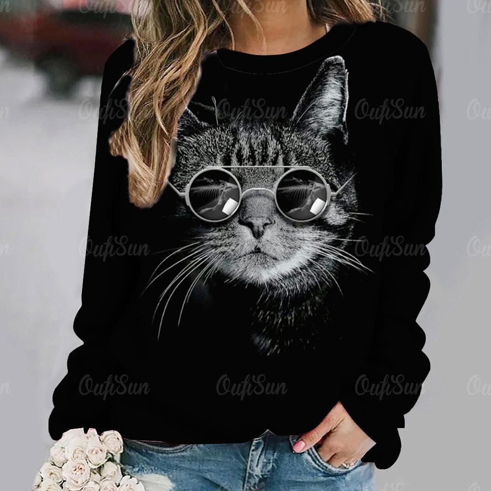 Women Long Sleeve T Shirt Kawaii Cat Graphic 3d Print Tees Harajuku Casual Tops Autumn O Neck Pullover Female Loose Clothing 8XL
