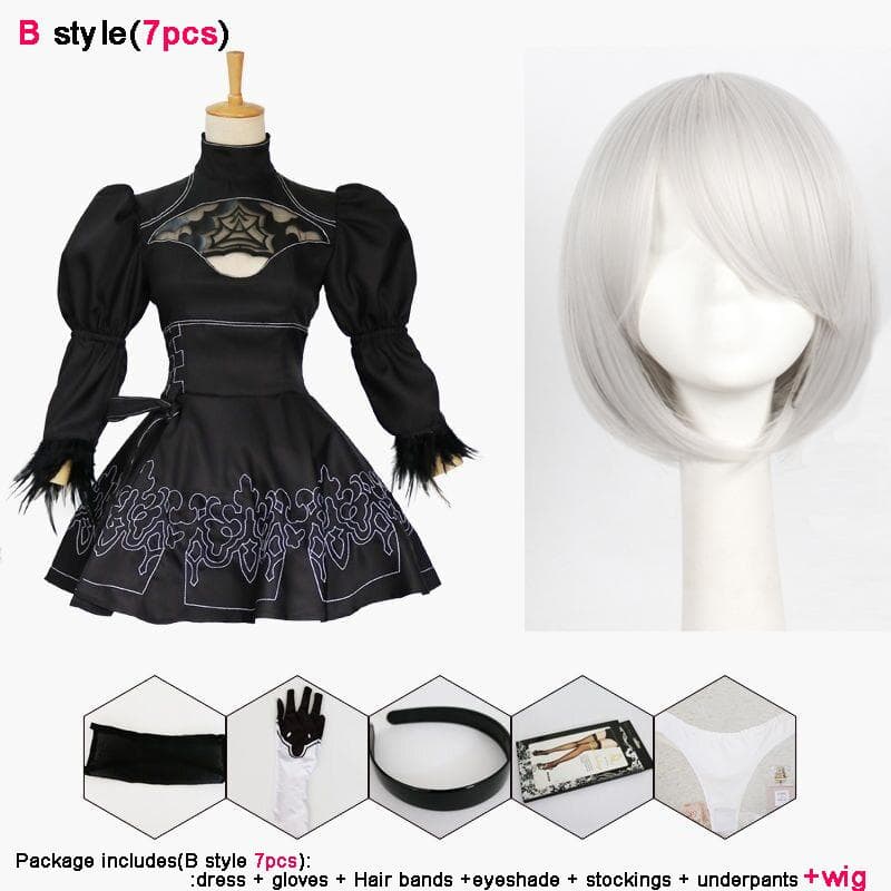 Sexy Nier Automata Yorha 2B Cosplay Suit Anime Women Outfit Disguise Costume Fancy Halloween Carnival Girls Party Black Dress + Wig Costumes Set 3XL
