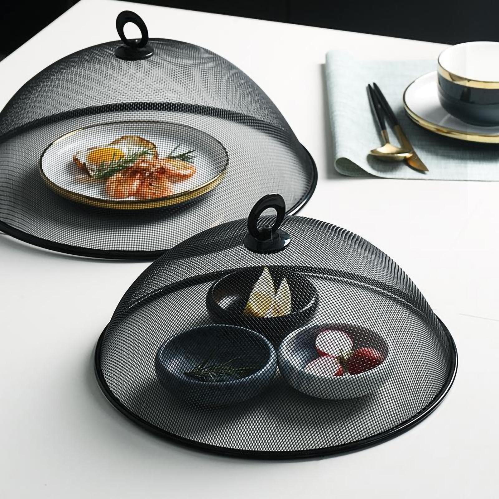 Food Cover Dense Mesh Design 180 Degree Rotatable Simple Iron Food Screen with Handle for Home Round Medium black