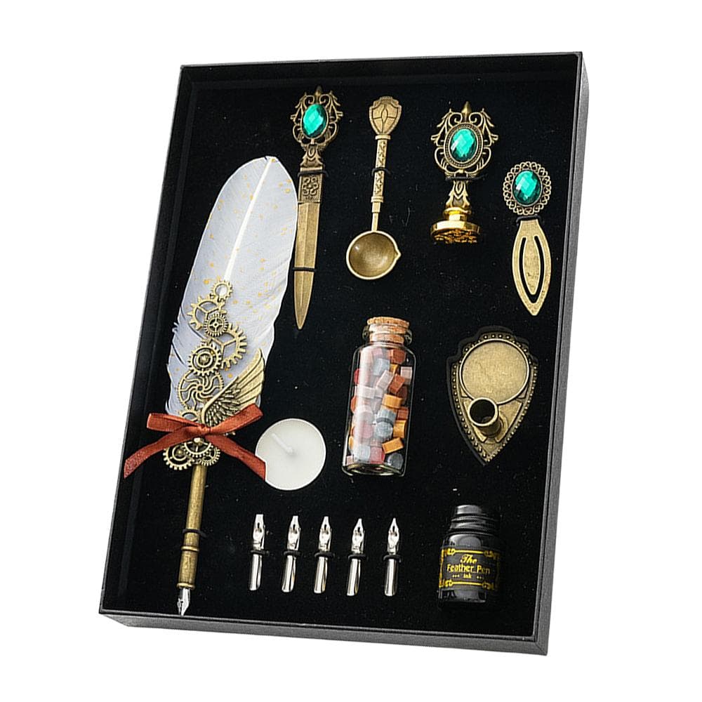 Vintage Feather Pen and Ink Set Fancy Metal Quill Pen with Gear Decorative with Pen Stand Base10ml white