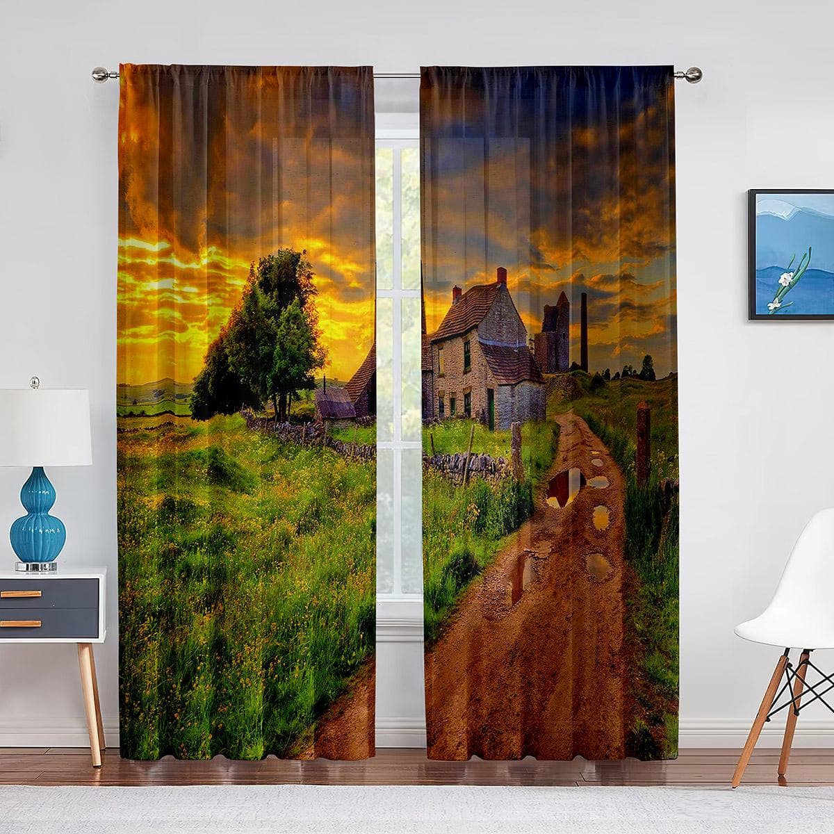 Countryside Farmhouse Grass Tree Sunset Sheer Curtains for Living Room Bedroom Decoration Window Voiles Kitchen Tulle Curtain 1 PCS W100XH250cm&Grommet Top