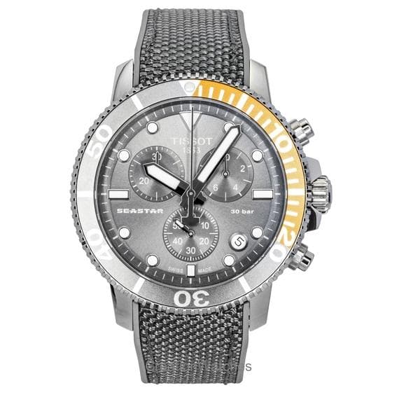 Tissot Seastar 1000 Chronograph Fabric Strap Black Dial Quartz Diver's T120.417.17.081.01 300M Men's Watch grey