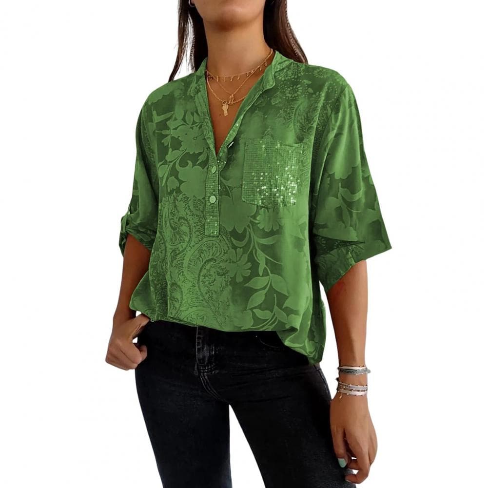 Women Summer Shirt V-neck Lapel Half Sleeve Pullover Tops Printing Buttons Half Placket Sequins Patch Pocket Loose Shirt M green