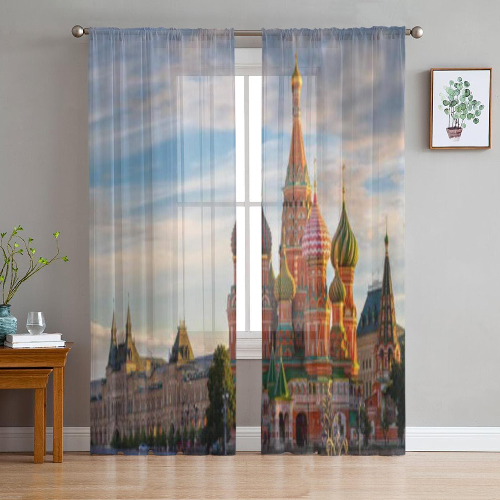 Red Square Of Saint Basil Cathedral Chiffon Sheer Curtains for Living Room Bedroom Window Curtain Voiles Tulle Cortinas 135W x 114H(cm)