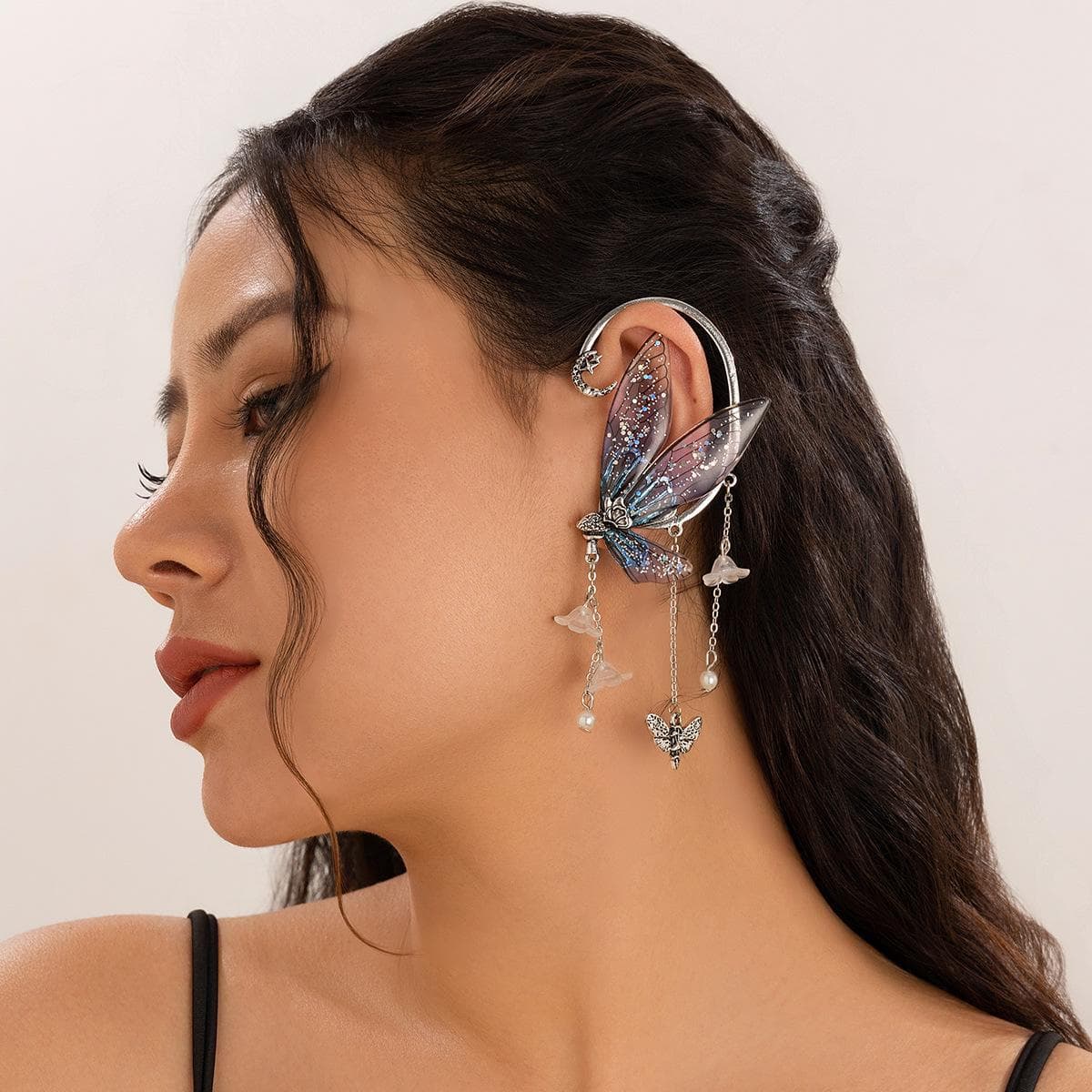 Forest Elf Wing Tassel Ear Hook: Butterfly Outline Clip Earrings
