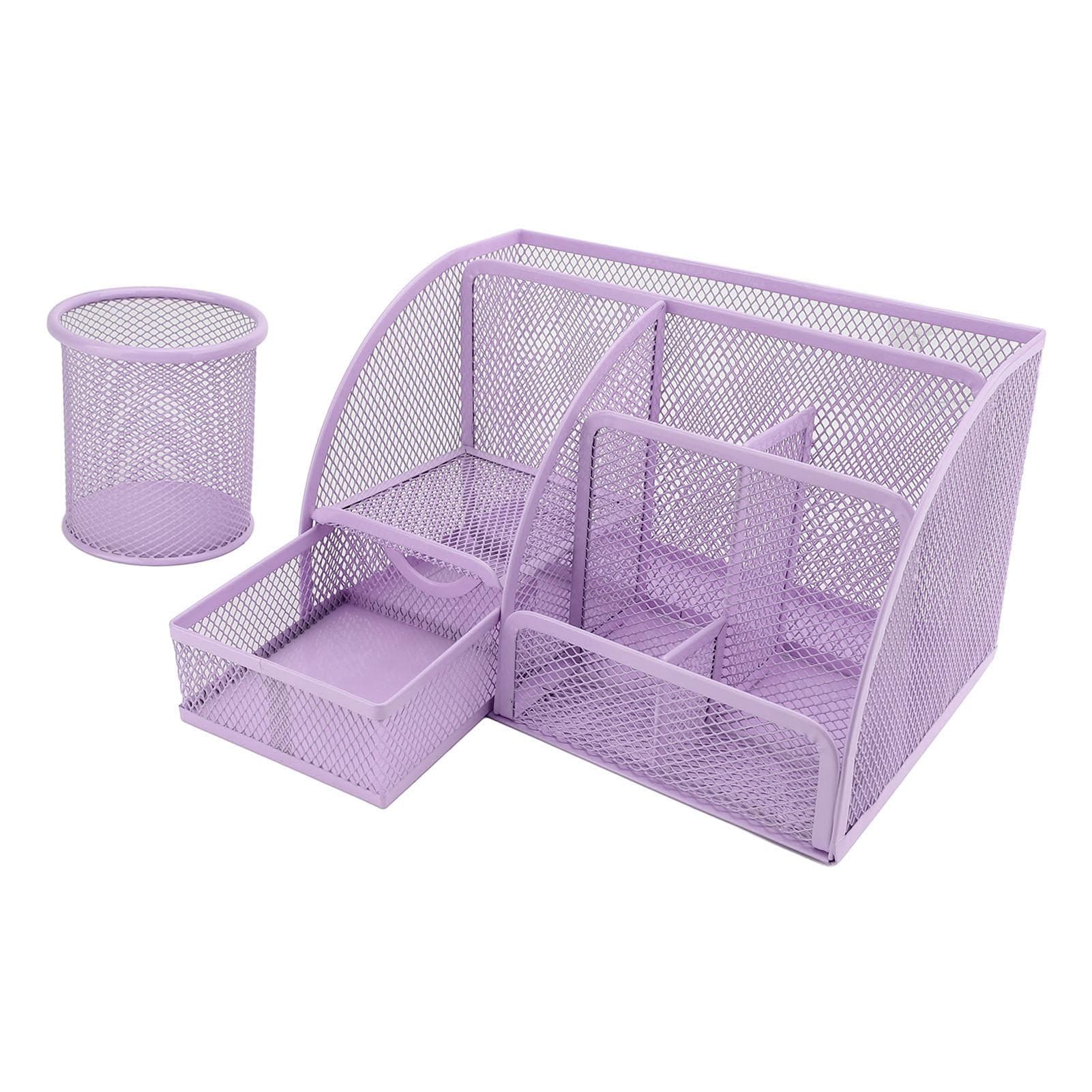 Pen Holder Set Metal Mesh 7 Grids Multifunctional Stationery Organizer with Drawer for Office Violet