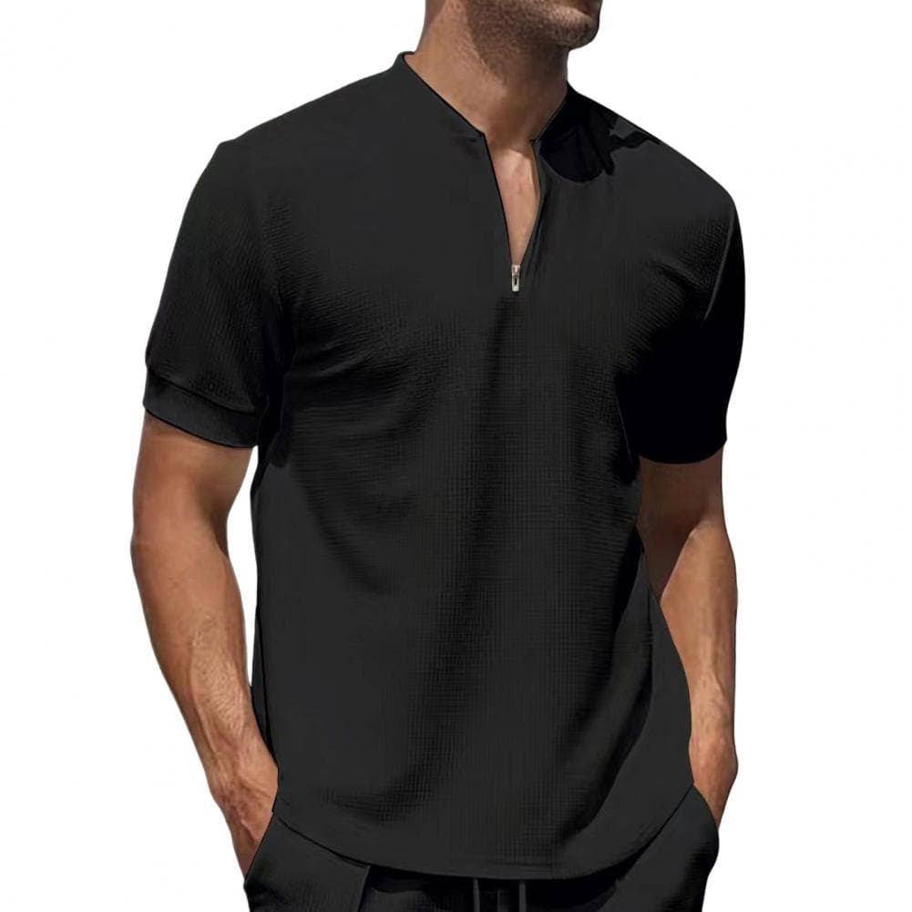 Men Stand Collar Shirt Short Sleeve Solid Color Pullover Top with Zipper Breathable Fitness Tee for Sports Travel Office Daily W L black