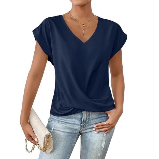 Women Tops V-Neck Short Sleeve Wrinkle Design Tee Shirt Solid Color Loose Fit Cross-Pleated Tops Daily Wear S dark blue