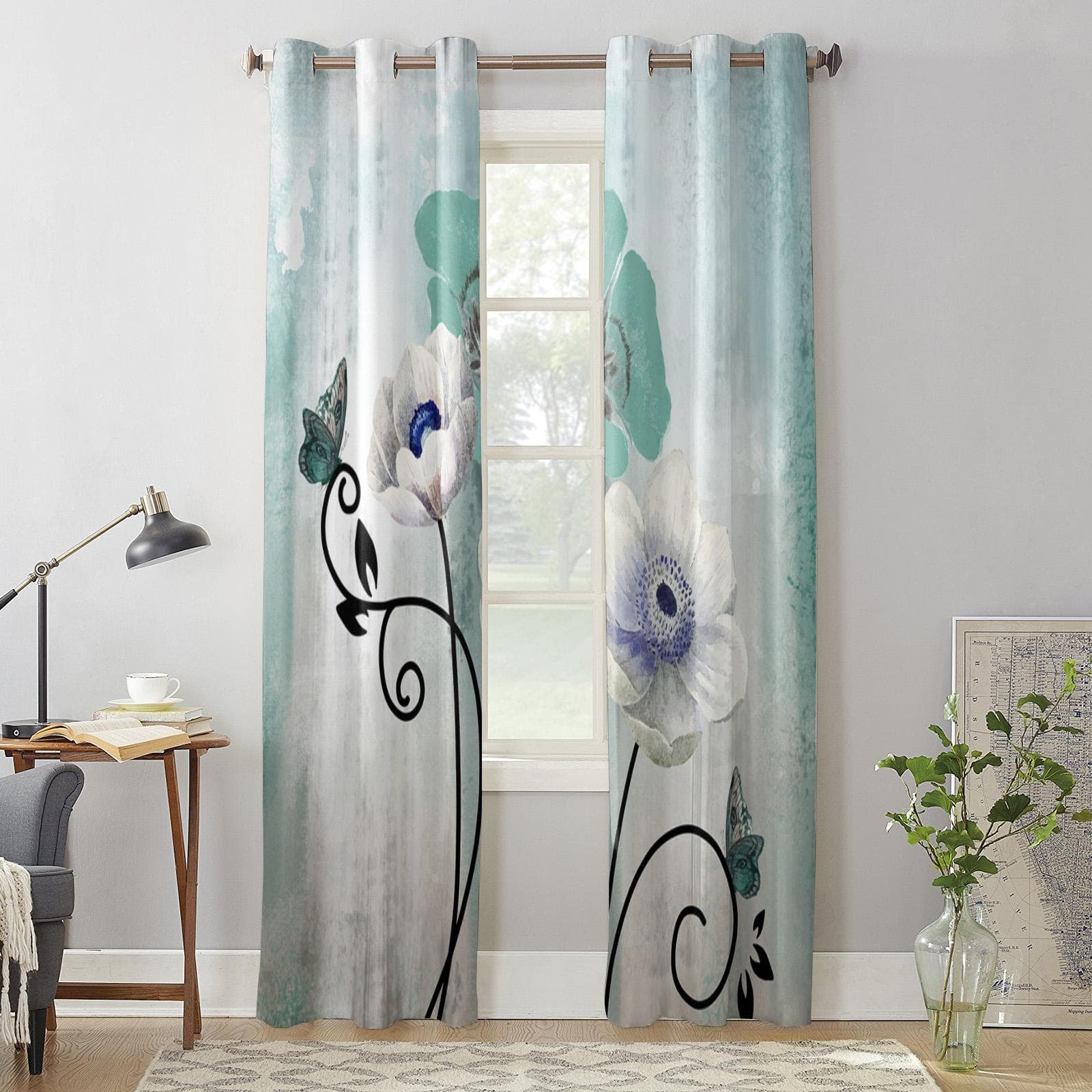 Watercolor Flower Butterfly Window Curtains for Living Room Bedroom Curtain Modern Kitchen Blinds Drapes Curtains 135W x 60H(cm) x1