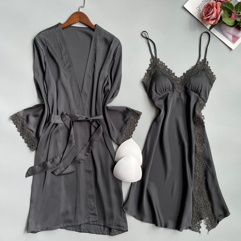Women's 2PCS Robe Set Nightgown Embroider Lace Wedding Bathrobe Gown Sexy Satin Sleepwear Summer Home Wear Nightdress Lingerie M