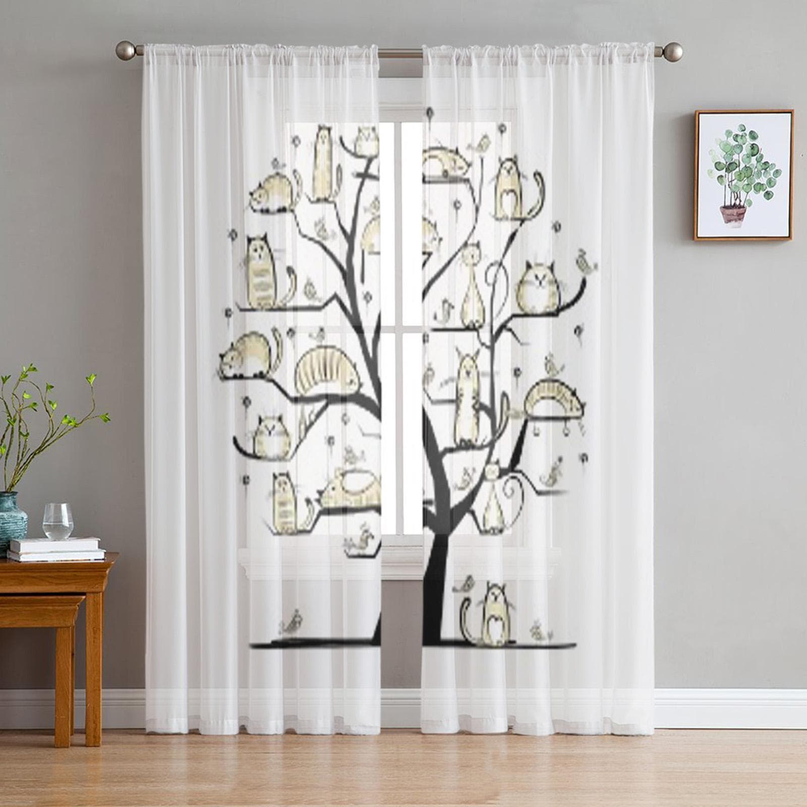 Cat Family Tree Tulle Sheer Curtains for Living Room Decoration Curtain for the Room Bedroom Kitchen Voile Organza Curtains 135W x 114H(cm)