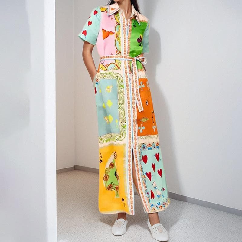 New Spring Women's Temperament Printed Cardigan Lapel Strap Dress 3XL