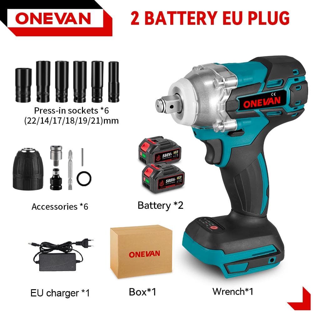 ONEVAN 520N.M Brushless Electric Impact Wrench 1/2 inch Cordless Hexs Socket Kit Screwdriver Power Tool For Makita 18V Battery 2 Battery-12pcs Set