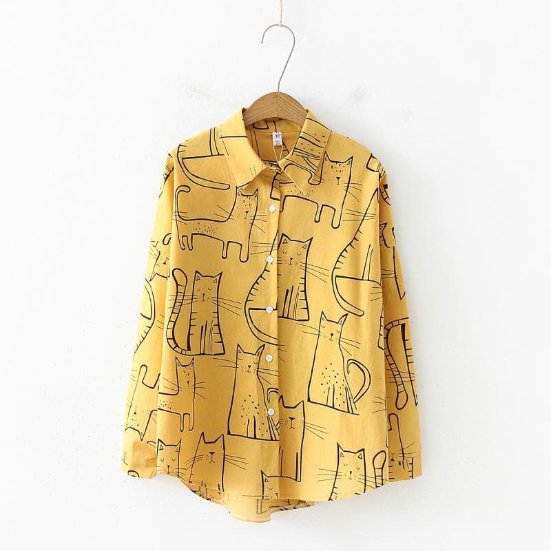 Retro Pattern Shirt Women's Long Sleeve Loose Student Versatile Printed Shirt XL ginger